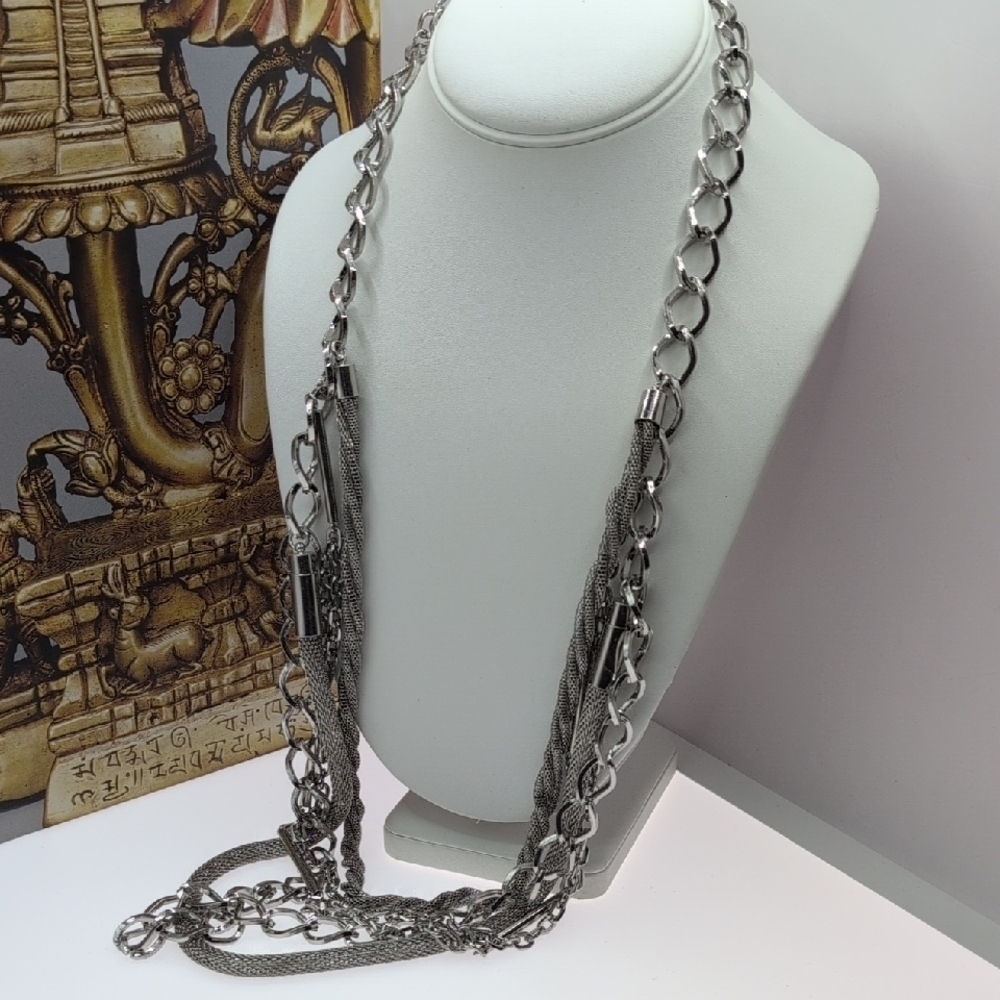 Chico's Multi-Chain Layered Statement Necklace | Silver Tone Mixed Textures - Picture 3 of 8